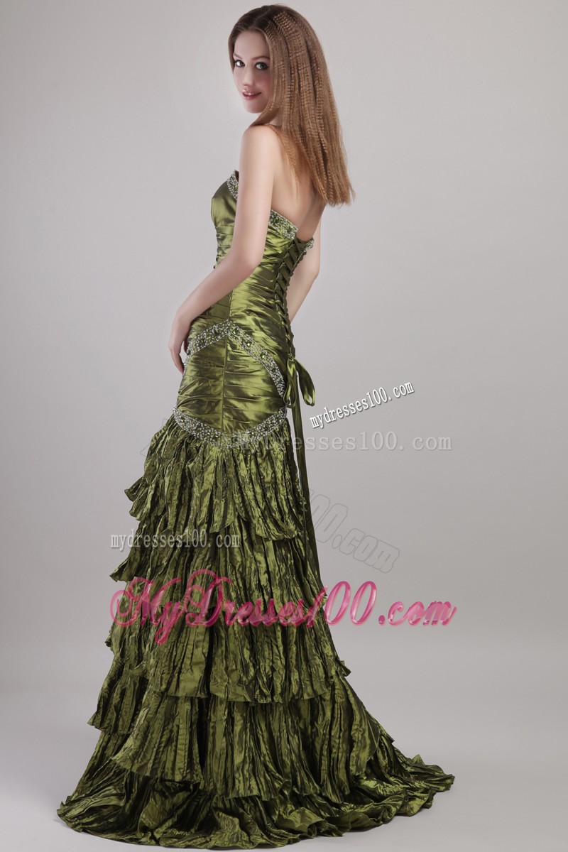 Ruffle Layers Beaded Ruche Floor Length Olive Green Prom Dress Strapless