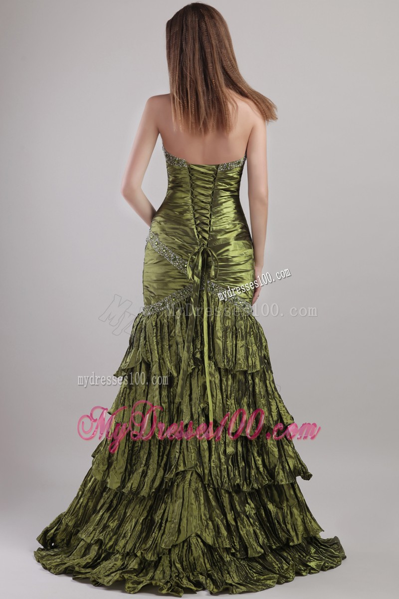 Ruffle Layers Beaded Ruche Floor Length Olive Green Prom Dress Strapless