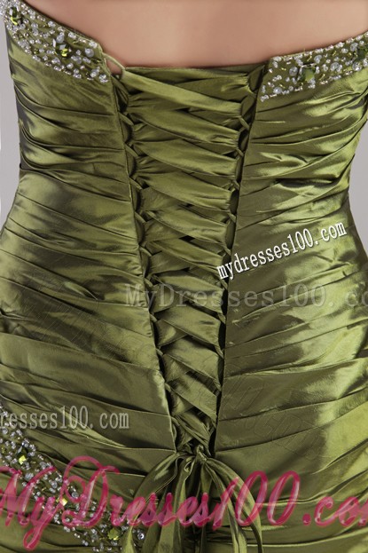Ruffle Layers Beaded Ruche Floor Length Olive Green Prom Dress Strapless