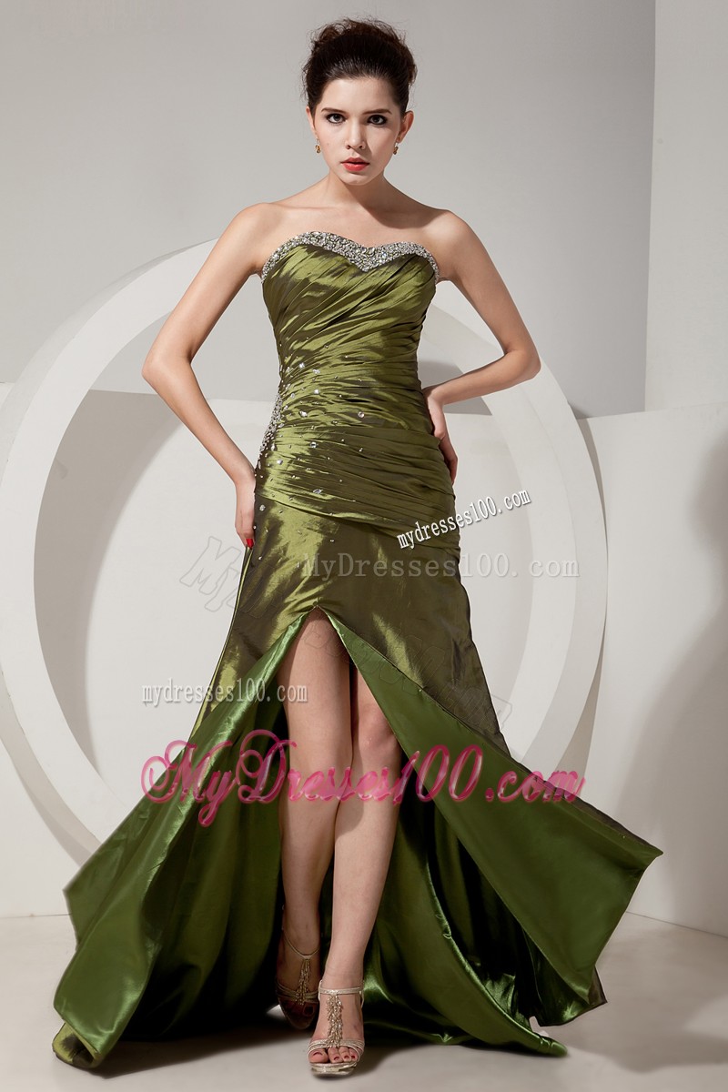 Strapless Floor Length Ruche Olive Green Prom Dress with Beading