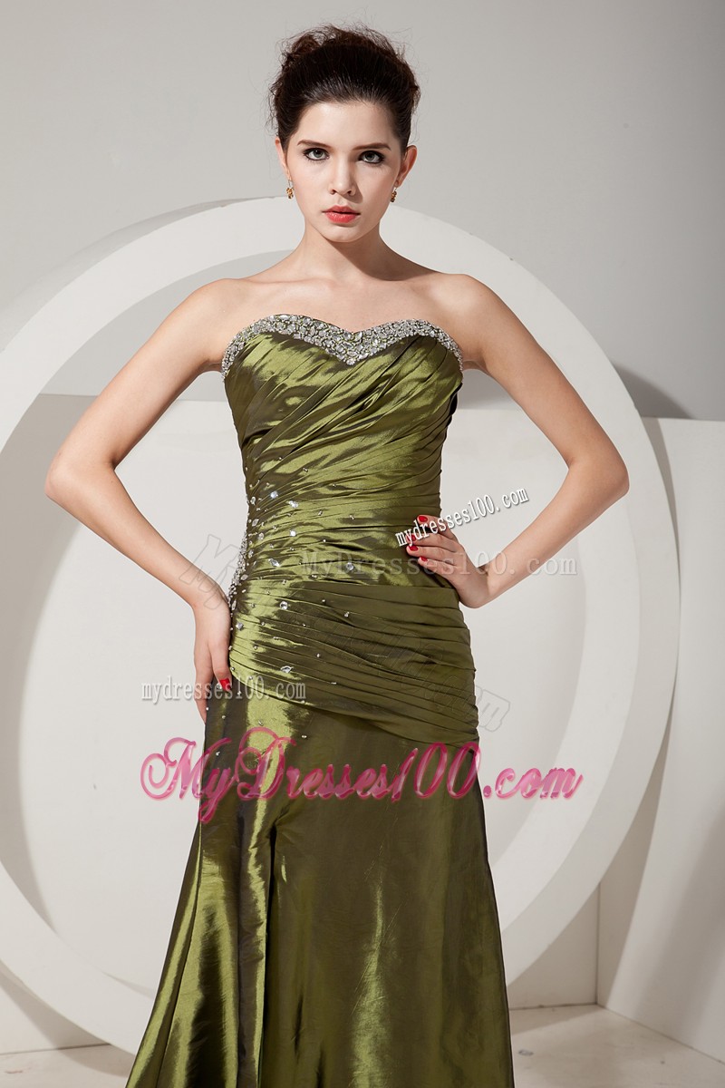 Strapless Floor Length Ruche Olive Green Prom Dress with Beading
