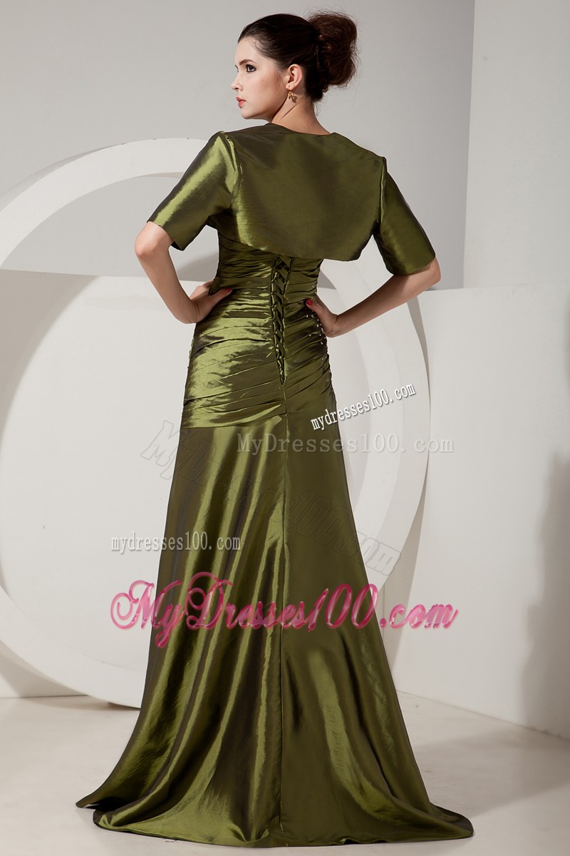 Strapless Floor Length Ruche Olive Green Prom Dress with Beading