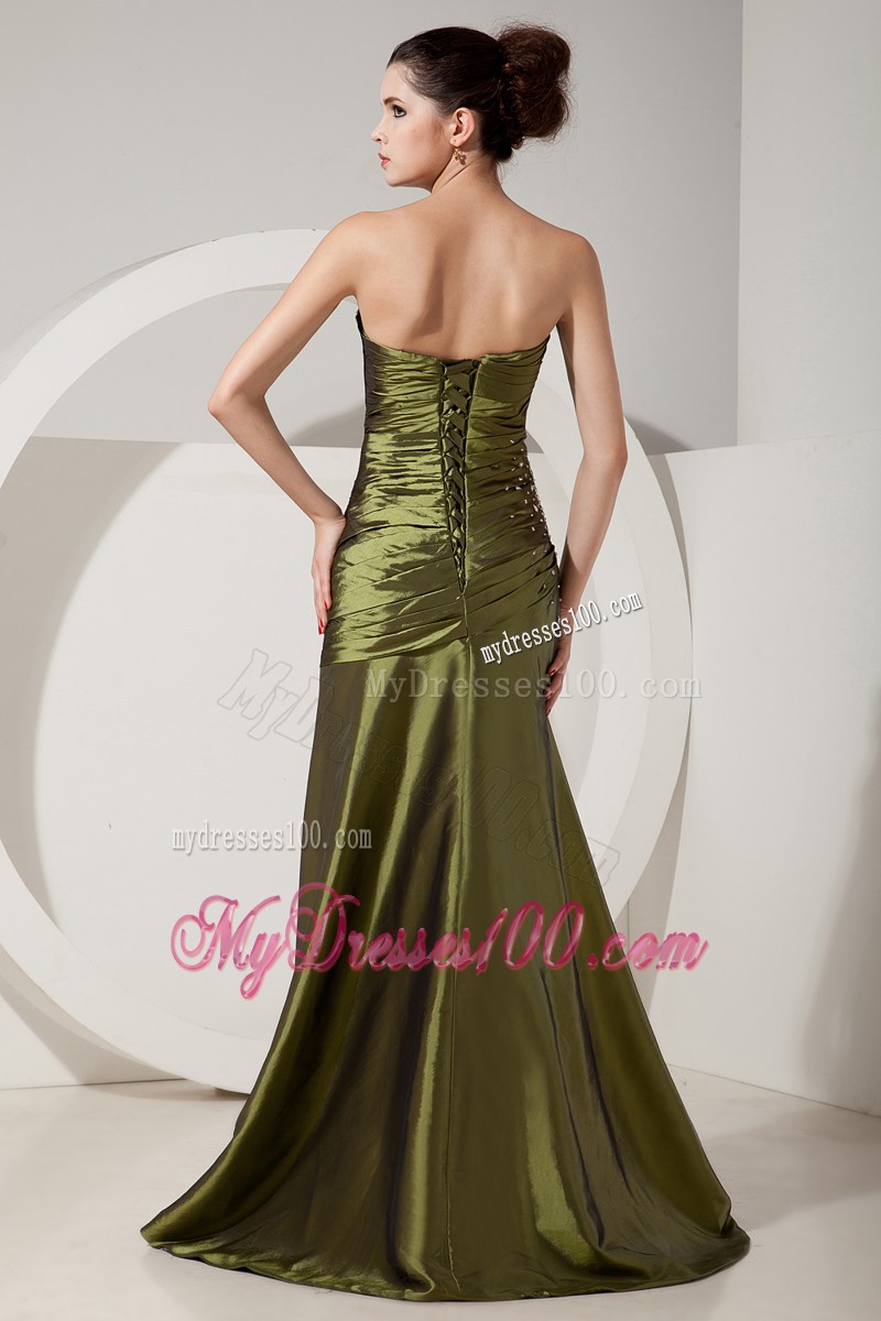 Strapless Floor Length Ruche Olive Green Prom Dress with Beading