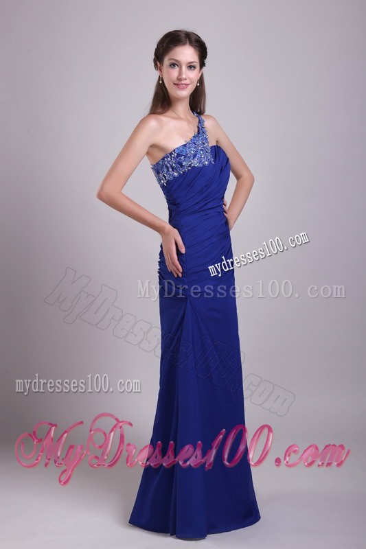 Fashionable Floor Length Appliques One Shoulder Blue Prom Dresses