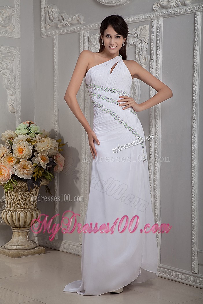 Asymmetrical Beaded Brush Prom Gown in White Chiffon