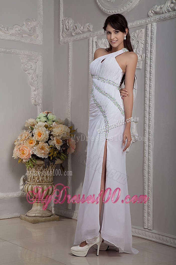 Asymmetrical Beaded Brush Prom Gown in White Chiffon