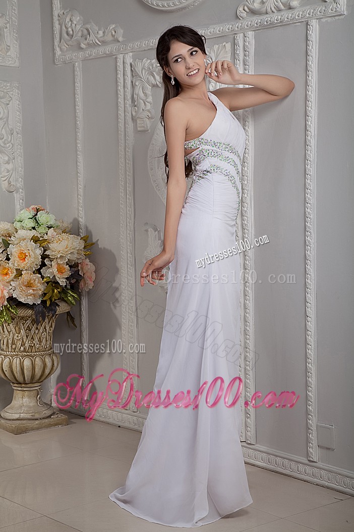 Asymmetrical Beaded Brush Prom Gown in White Chiffon