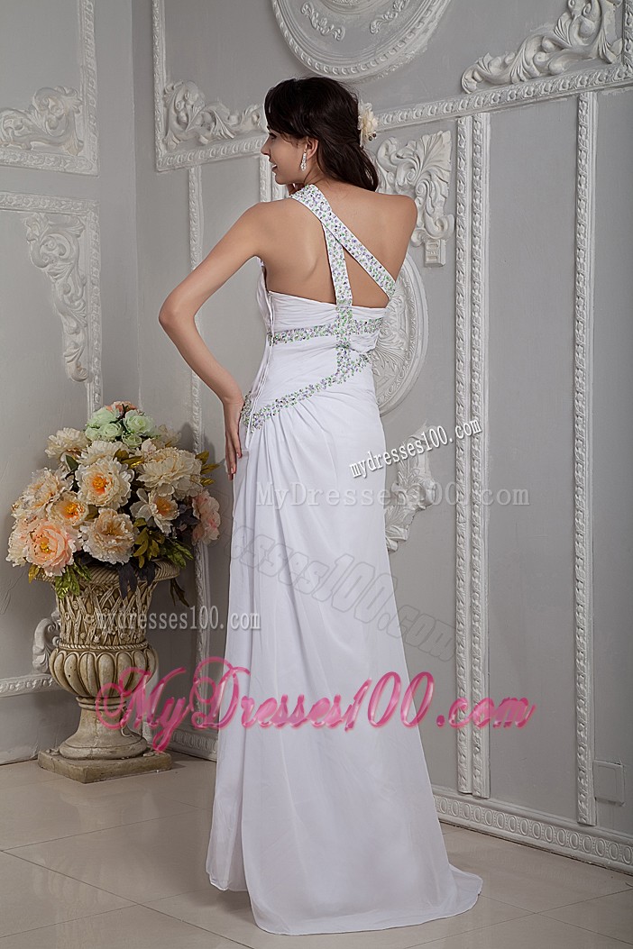 Asymmetrical Beaded Brush Prom Gown in White Chiffon