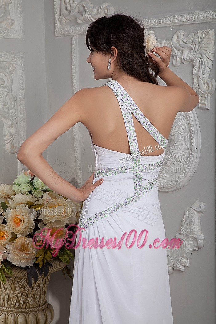 Asymmetrical Beaded Brush Prom Gown in White Chiffon