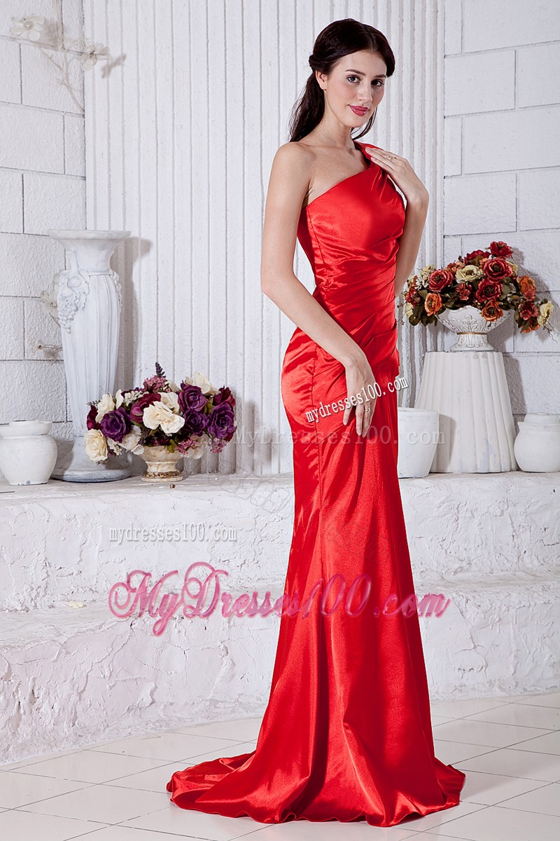Half Bow Accents One Shoulder Dress for Prom with Ruching and Brush Train