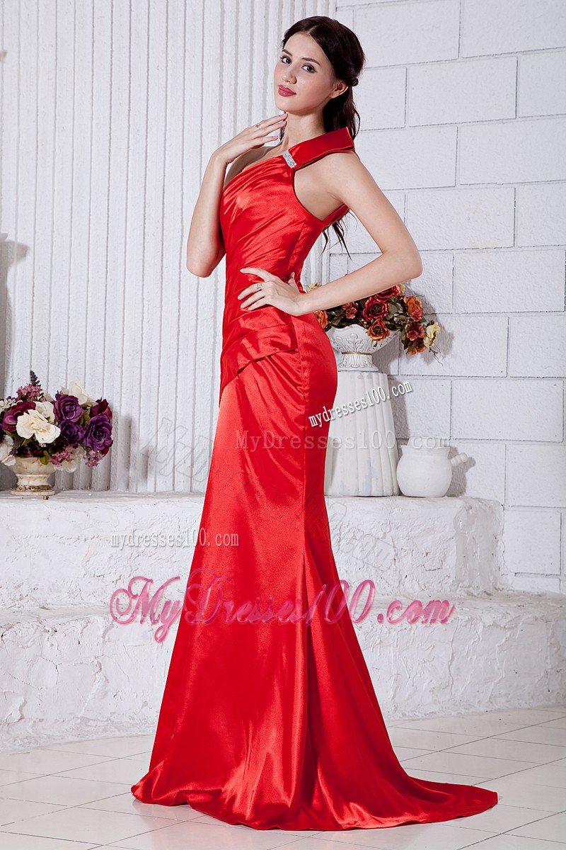 Half Bow Accents One Shoulder Dress for Prom with Ruching and Brush Train