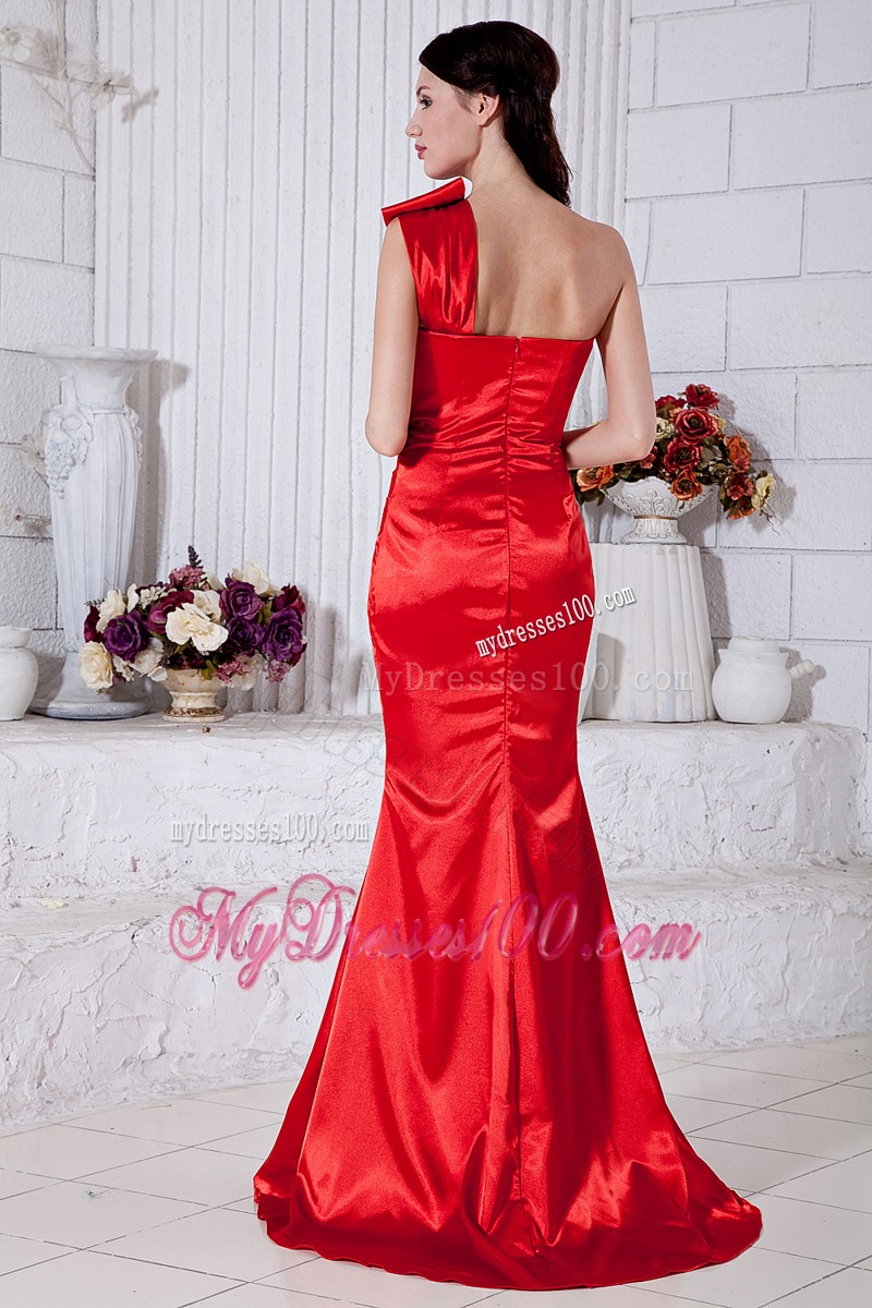 Half Bow Accents One Shoulder Dress for Prom with Ruching and Brush Train