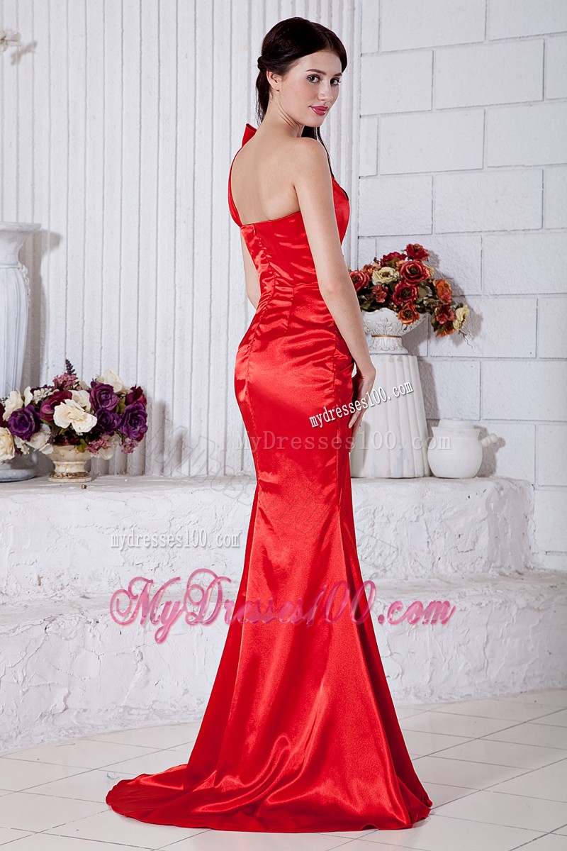 Half Bow Accents One Shoulder Dress for Prom with Ruching and Brush Train