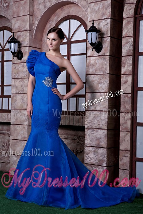 One Shoulder Beaded Mermaid Formal Prom Dress in Royal Blue