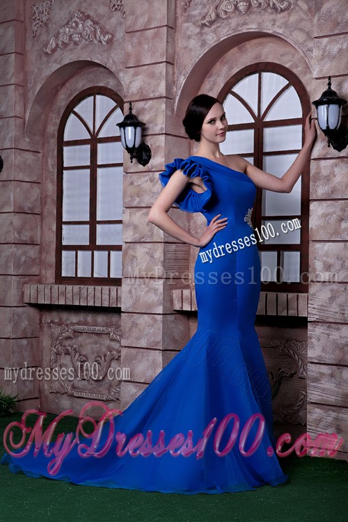 One Shoulder Beaded Mermaid Formal Prom Dress in Royal Blue