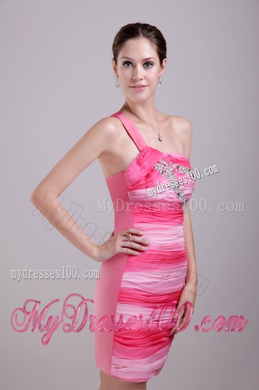 Ombre Color Beaded One Shoulder Pink Mini Prom Dresses Ruche