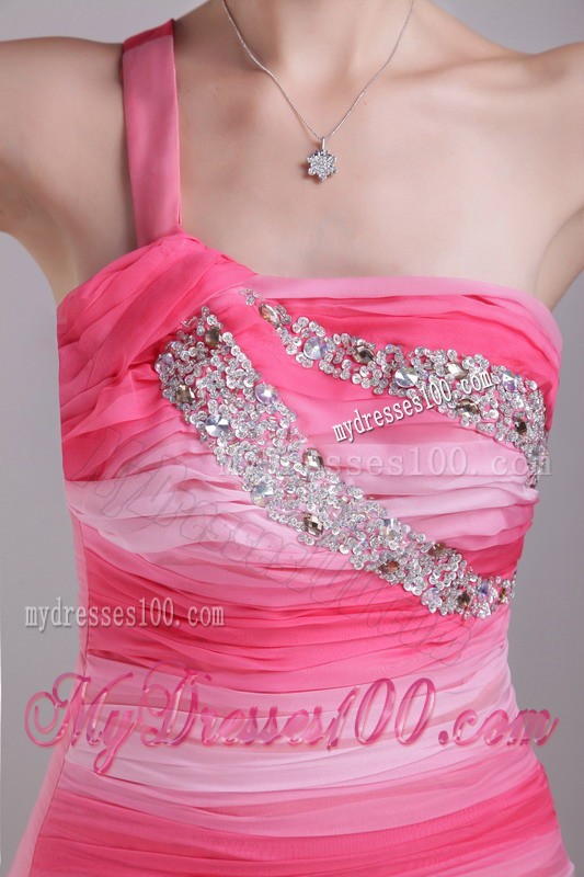 Ombre Color Beaded One Shoulder Pink Mini Prom Dresses Ruche