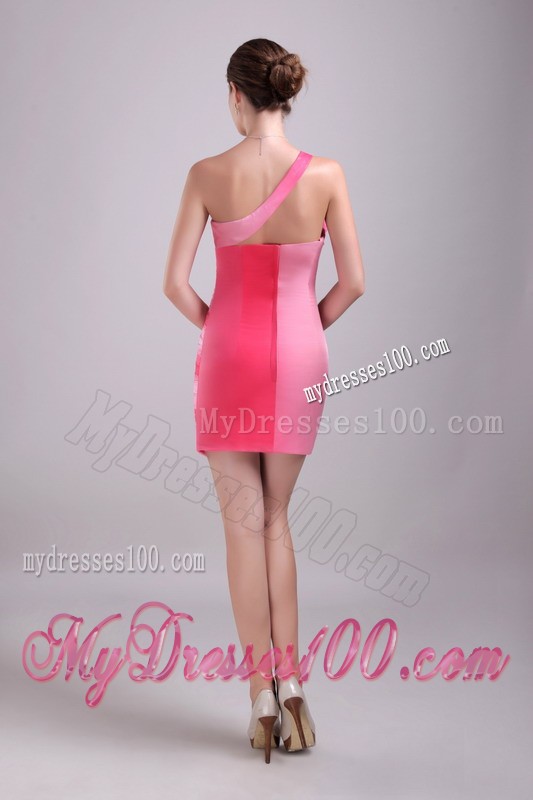 Ombre Color Beaded One Shoulder Pink Mini Prom Dresses Ruche