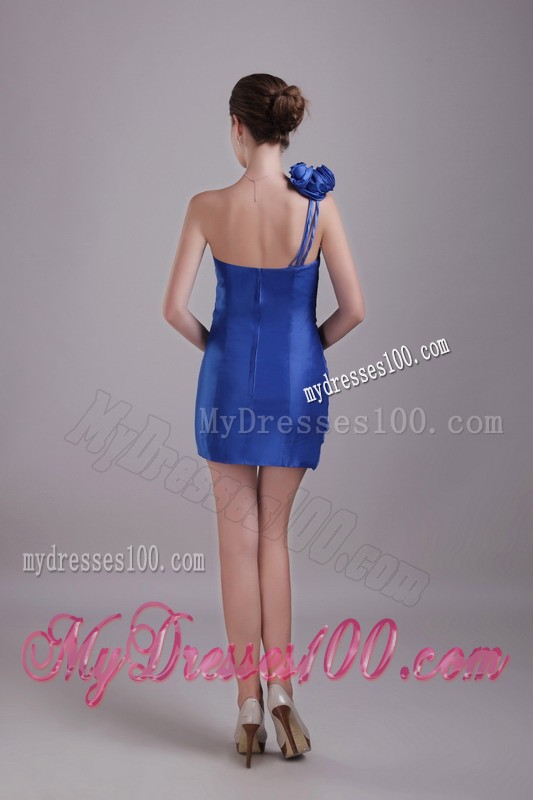 Blue One Shoulder Handmade Flower Mini Prom Dress with Ruche