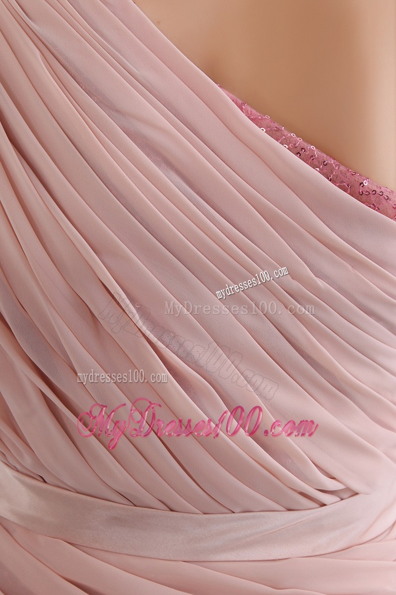 Asymmetrical Ruching Prom Gown with Bowknot and Single Sequined Sleeve