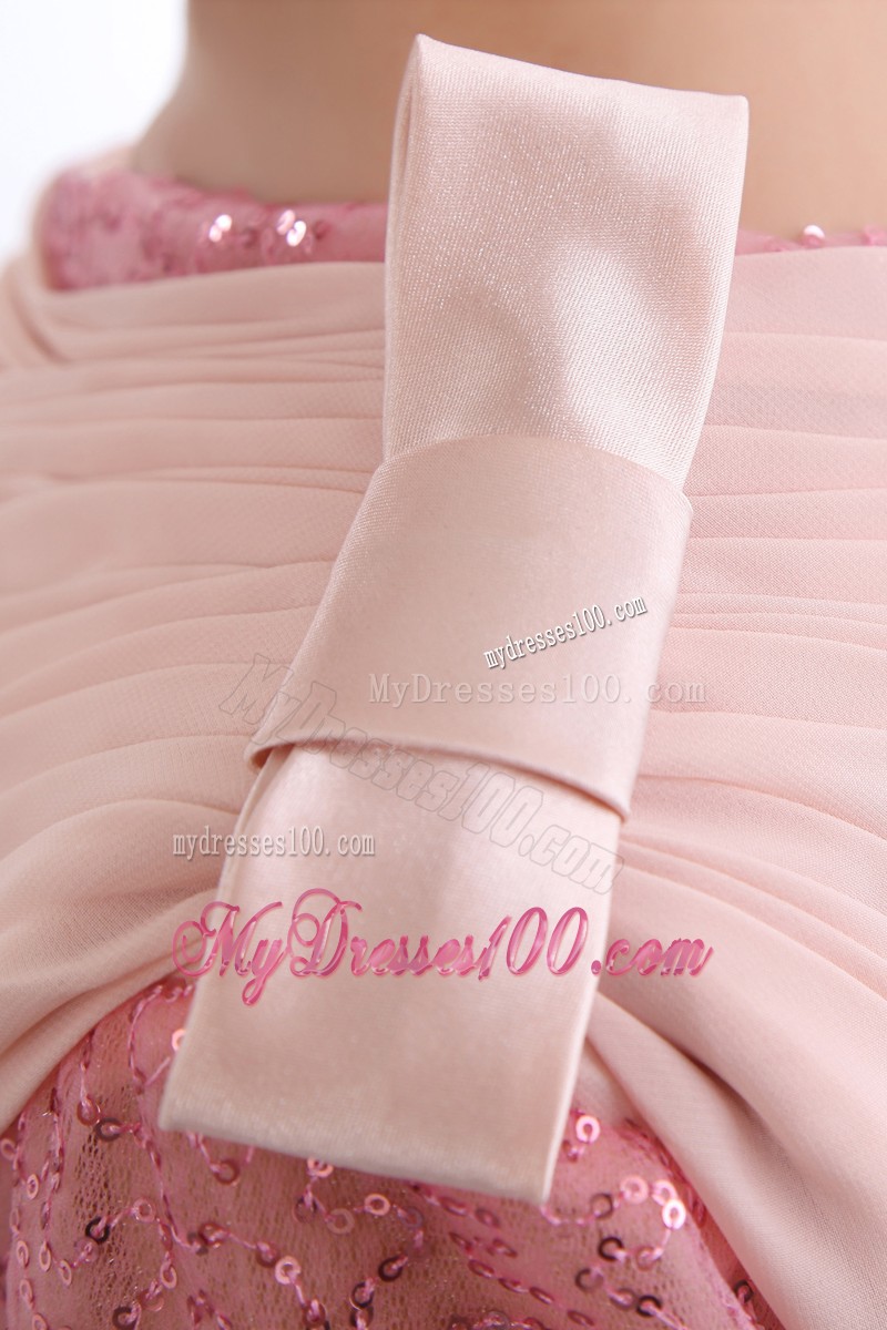 Asymmetrical Ruching Prom Gown with Bowknot and Single Sequined Sleeve