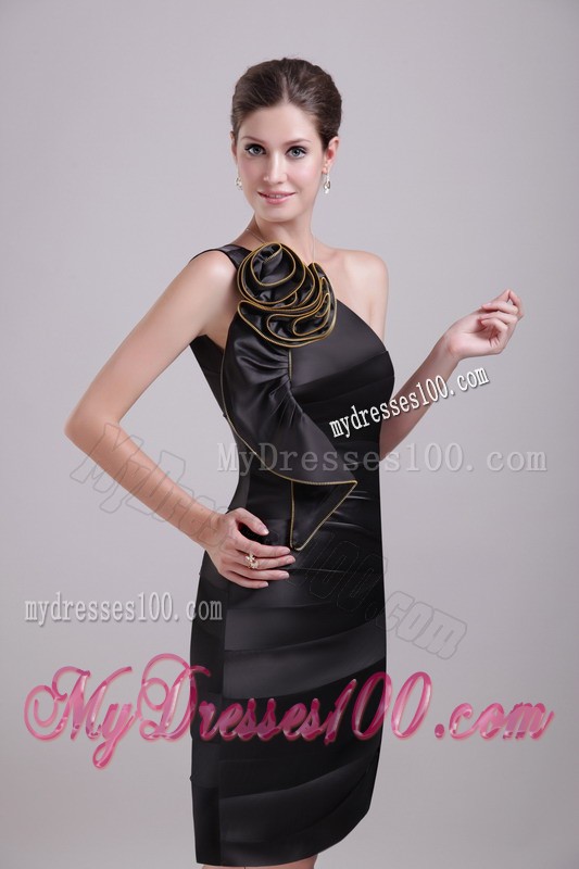 Elegant Handmade Flower Ruche One Shoulder Black Prom Dresses