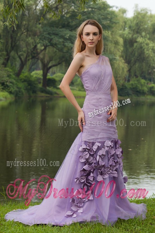 Dreamlike Lilac Court Train One Shoulder Prom Dress Ruche Bowknot