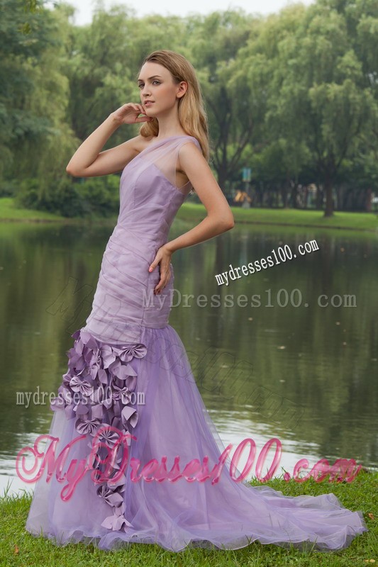 Dreamlike Lilac Court Train One Shoulder Prom Dress Ruche Bowknot