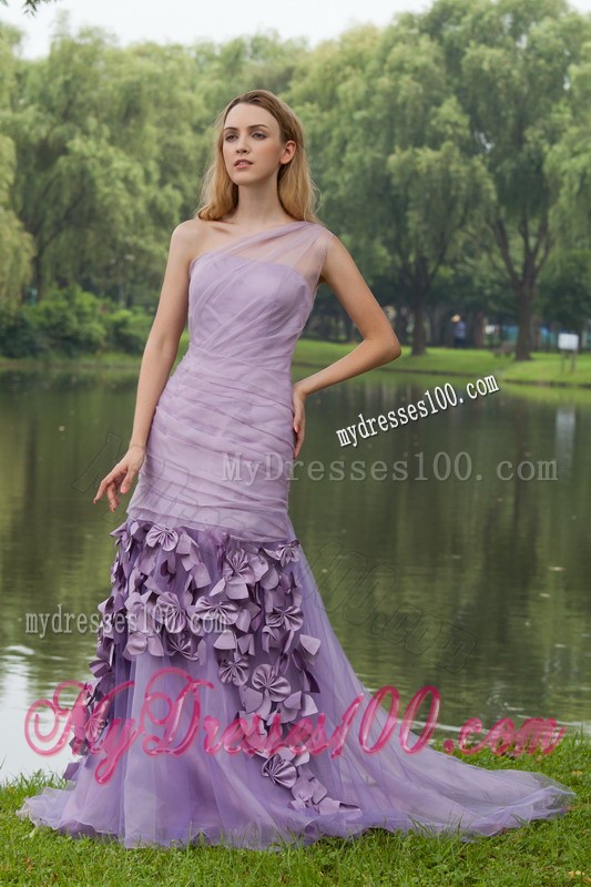 Dreamlike Lilac Court Train One Shoulder Prom Dress Ruche Bowknot