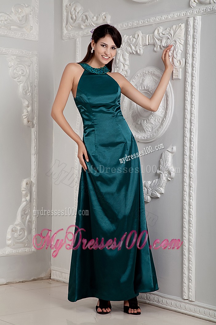 High-neck Ankle-length Prom Gown in Peacock Green