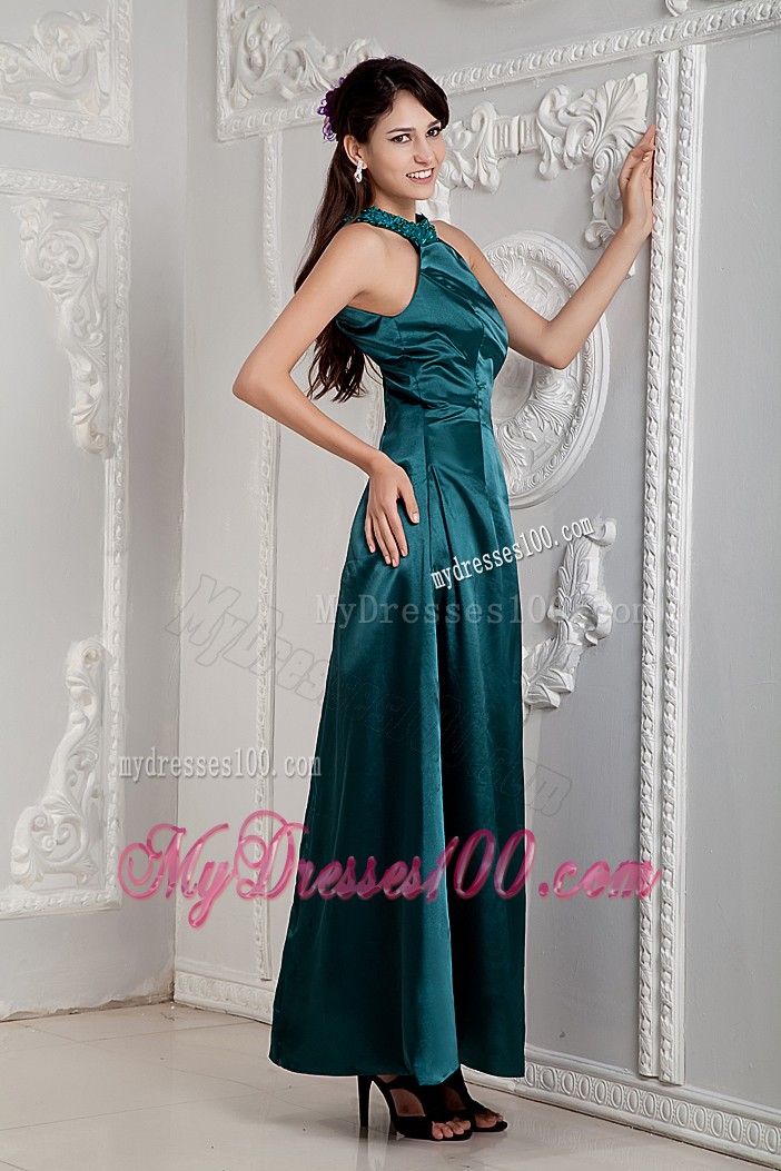 High-neck Ankle-length Prom Gown in Peacock Green