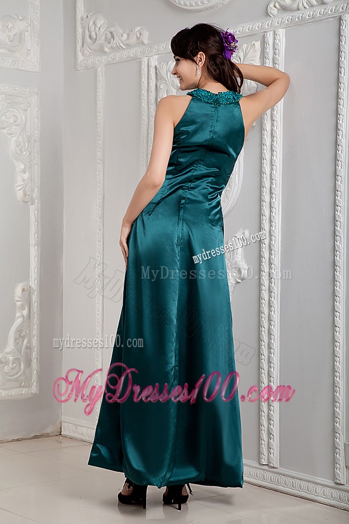 High-neck Ankle-length Prom Gown in Peacock Green