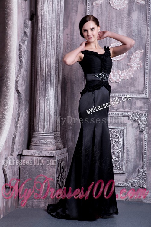 Most Recent Beading Straps Black Prom Dresses Sweep Train