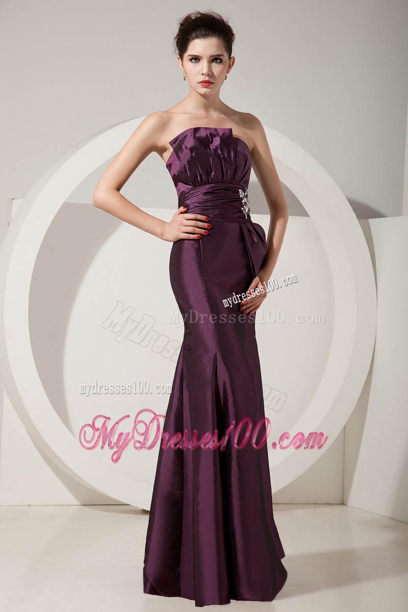 Elegant Strapless Floor Length Dark Purple Prom Dresses with Ruche