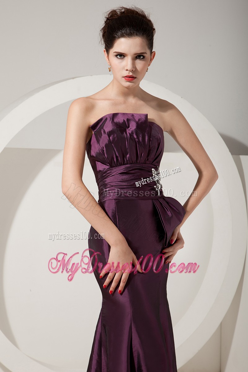 Elegant Strapless Floor Length Dark Purple Prom Dresses with Ruche