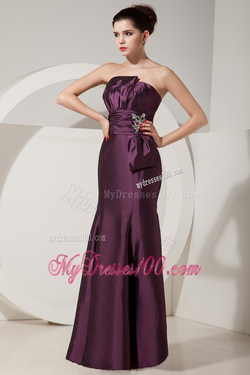 Elegant Strapless Floor Length Dark Purple Prom Dresses with Ruche