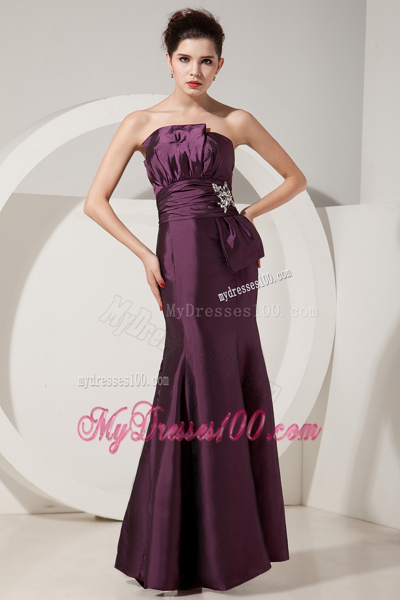 Elegant Strapless Floor Length Dark Purple Prom Dresses with Ruche