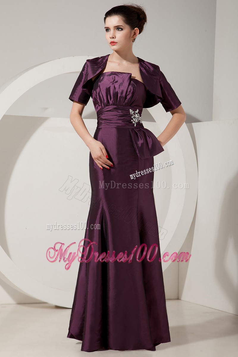 Elegant Strapless Floor Length Dark Purple Prom Dresses with Ruche