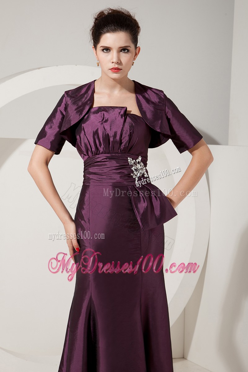Elegant Strapless Floor Length Dark Purple Prom Dresses with Ruche
