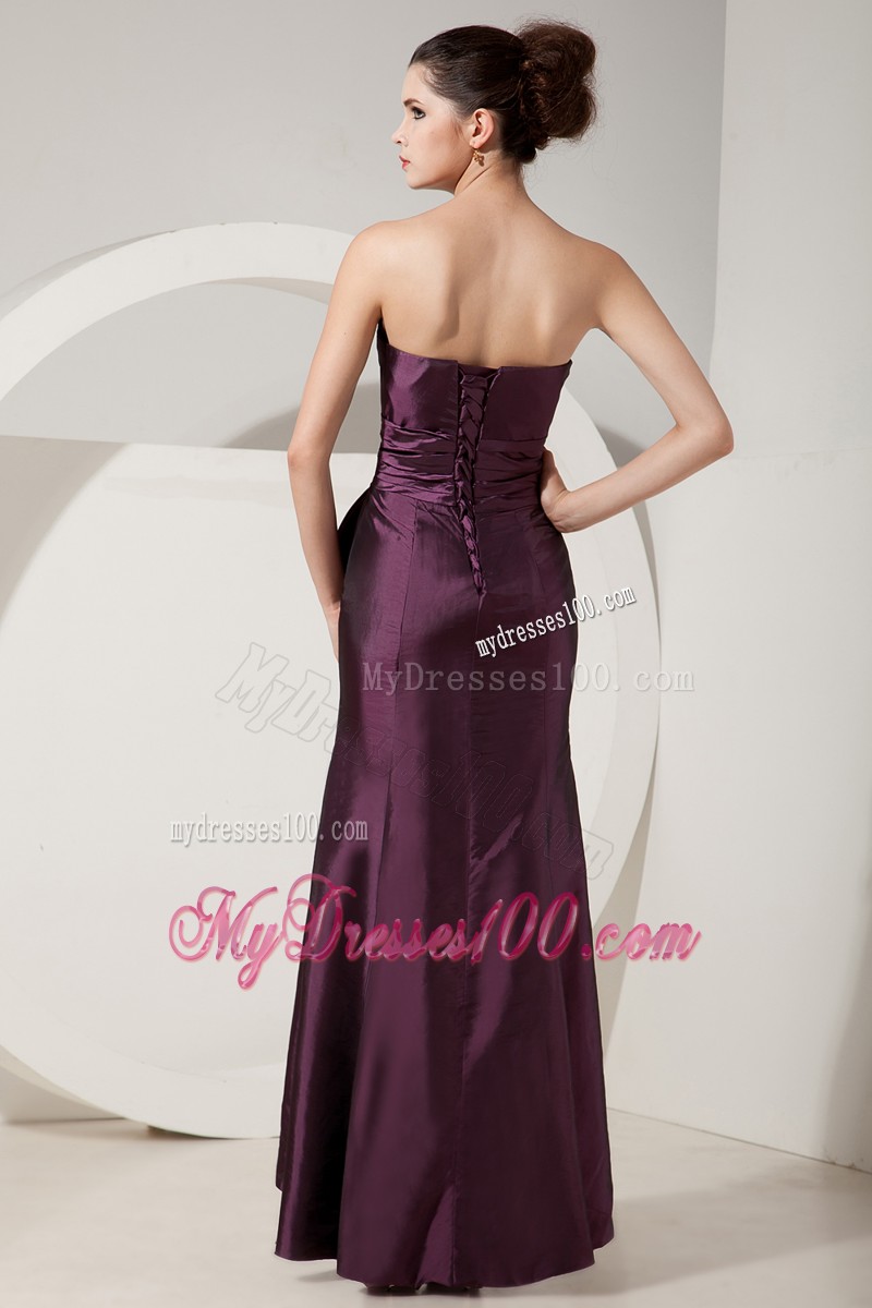 Elegant Strapless Floor Length Dark Purple Prom Dresses with Ruche