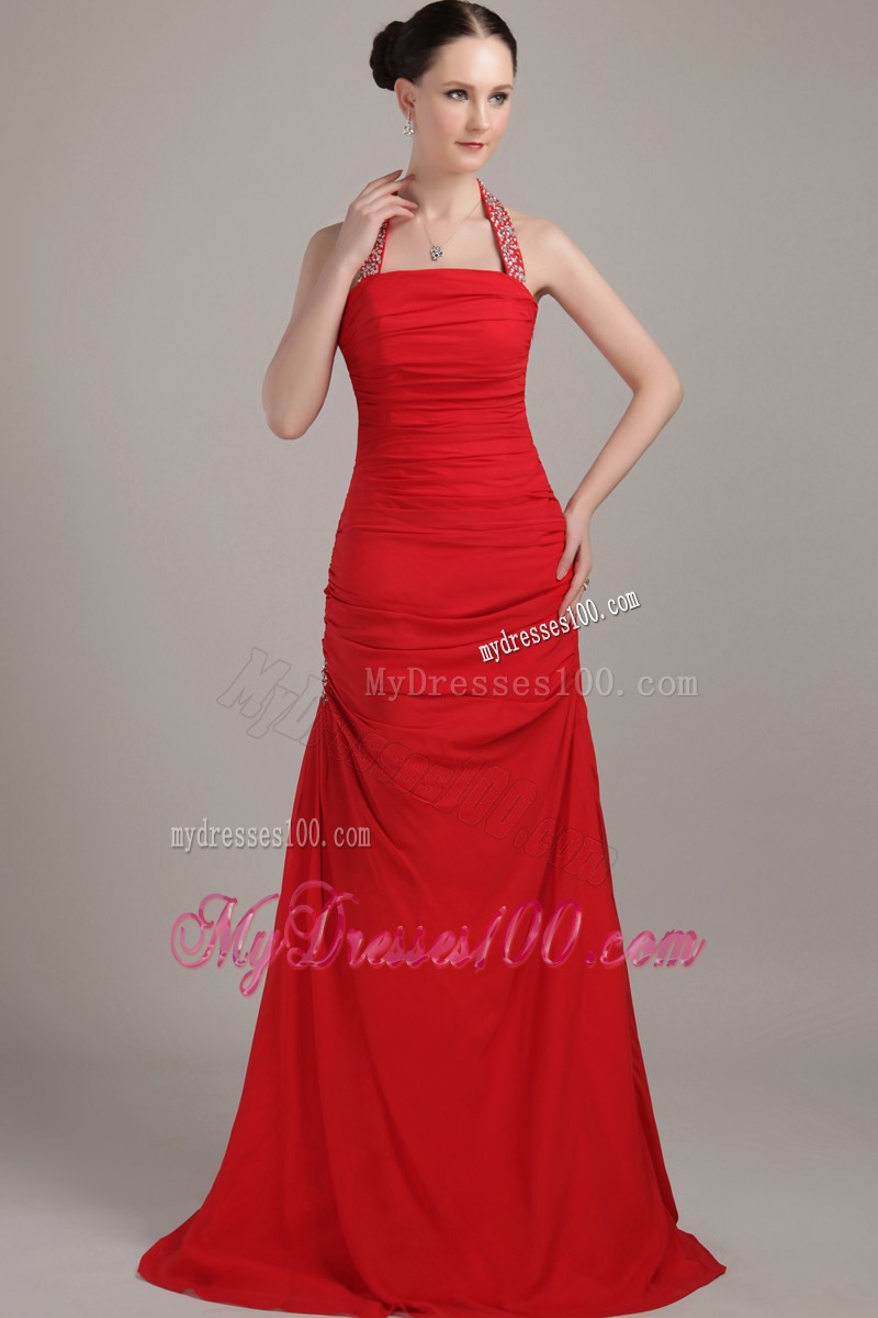 Pretty Halter Top Beaded with the Back Out Ruche Red Prom Dresses