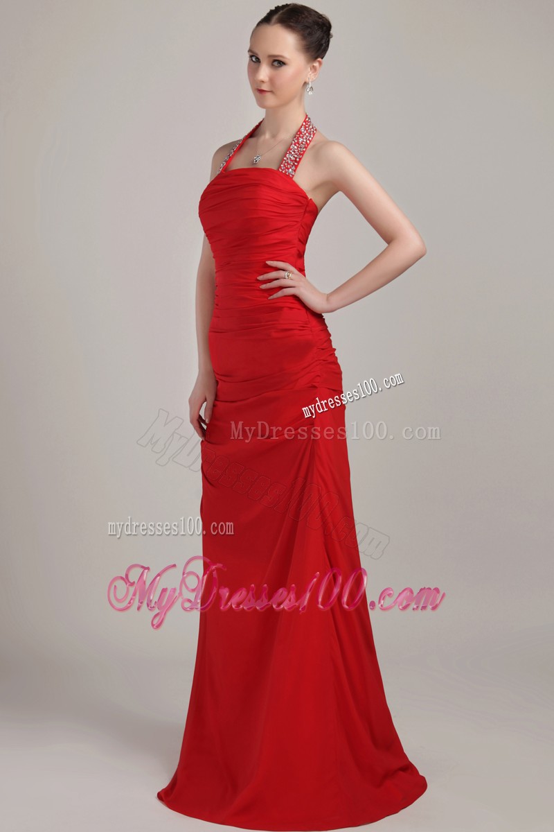 Pretty Halter Top Beaded with the Back Out Ruche Red Prom Dresses