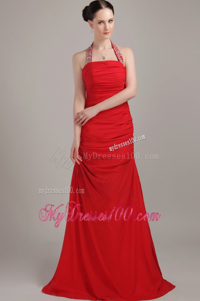 Pretty Halter Top Beaded with the Back Out Ruche Red Prom Dresses