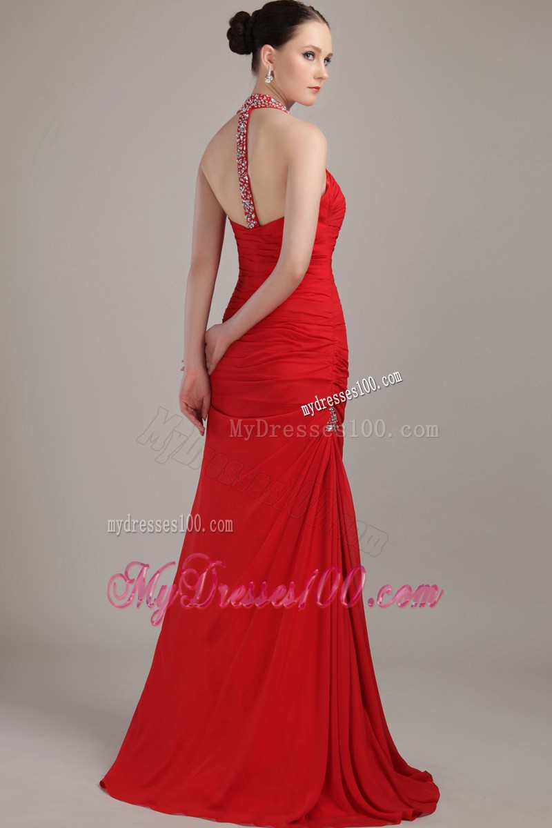 Pretty Halter Top Beaded with the Back Out Ruche Red Prom Dresses