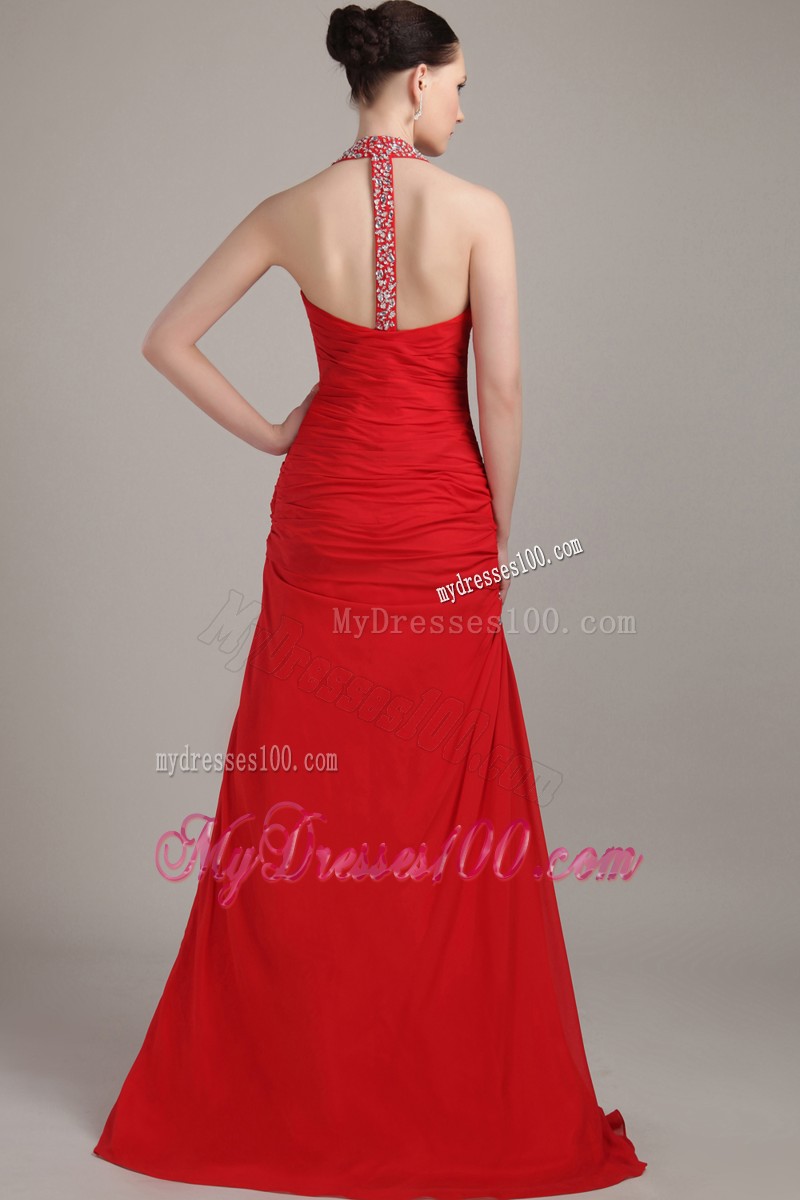 Pretty Halter Top Beaded with the Back Out Ruche Red Prom Dresses