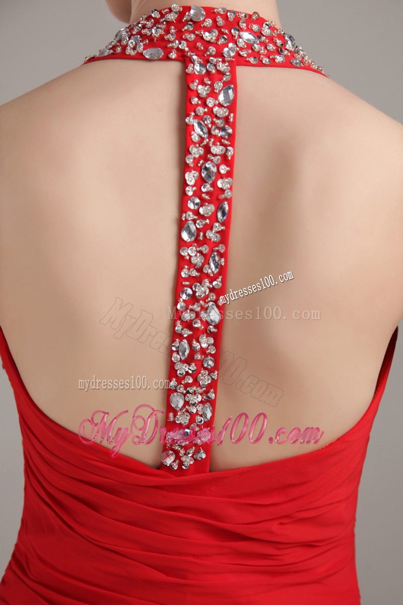 Pretty Halter Top Beaded with the Back Out Ruche Red Prom Dresses