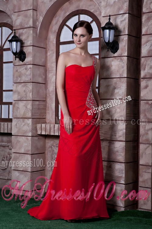 One Shoulder Sweep Train Red Prom Dress with Cut Out Waist