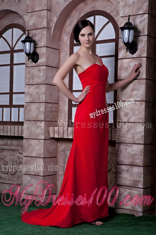 One Shoulder Sweep Train Red Prom Dress with Cut Out Waist
