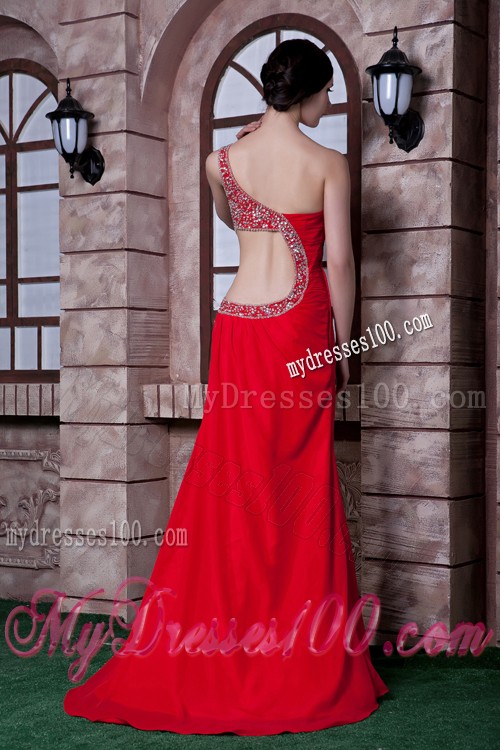 One Shoulder Sweep Train Red Prom Dress with Cut Out Waist