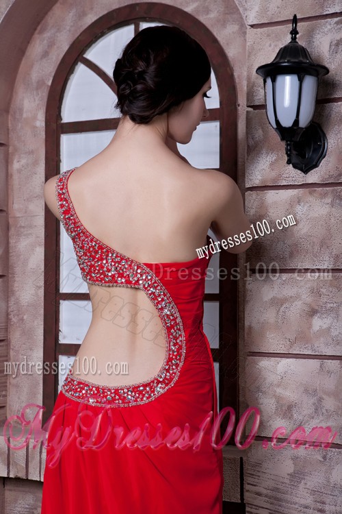 One Shoulder Sweep Train Red Prom Dress with Cut Out Waist
